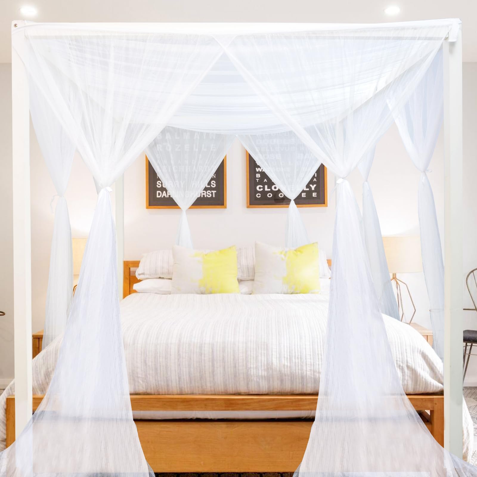 White Canopy Bed Curtains for King/Queen Size Bed, 4 Corner Adult Bed Canopy