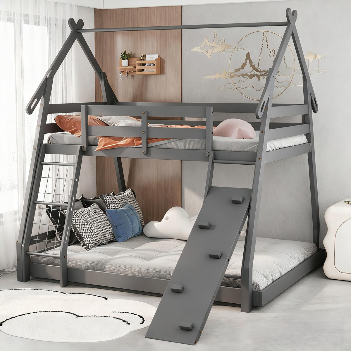 Twin Over Queen House Bunk Bed with Climbing Nets and Ramp