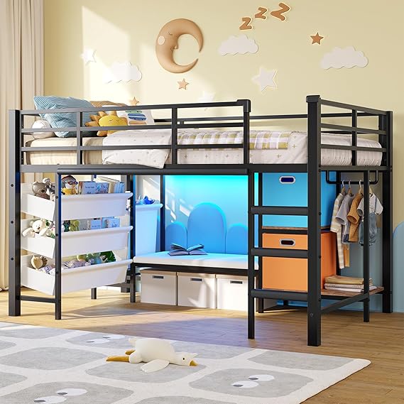 Low Twin Loft Bed with Reading Corner,3 Sling Drawers and 2 Movable Storage Bins