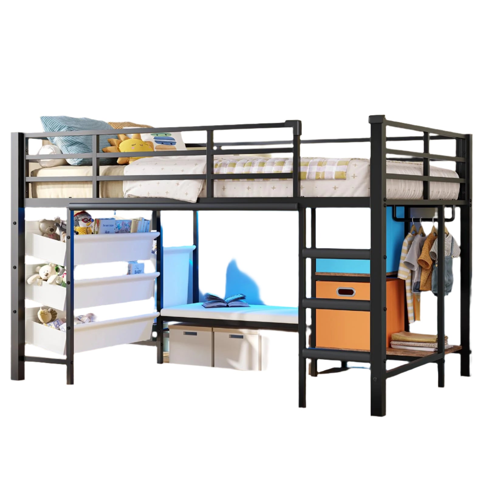 Low Twin Loft Bed with Reading Corner,3 Sling Drawers and 2 Movable Storage Bins
