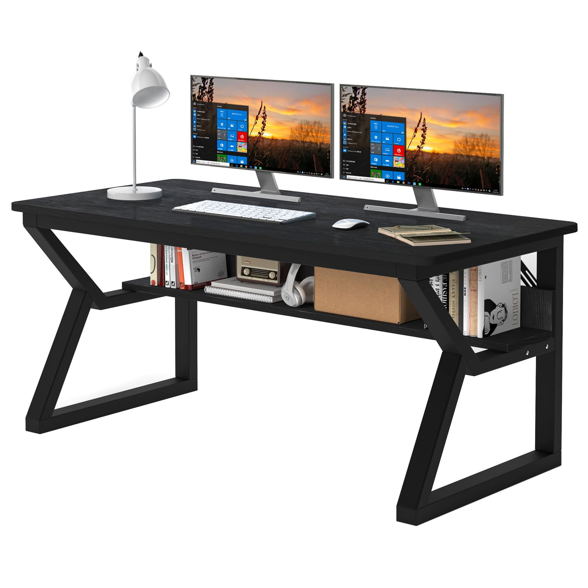 K-Shaped Computer Desk with Storage Shelf & Cable Hole