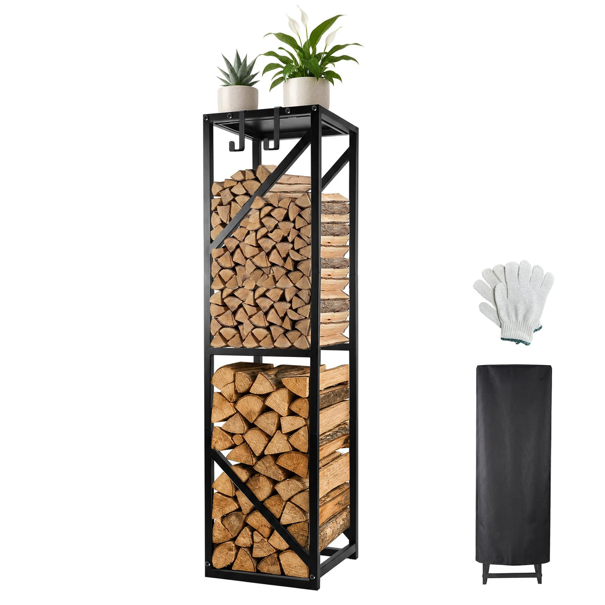 Vertical Firewood Rack with Cover, Shelf & Hooks – 48"