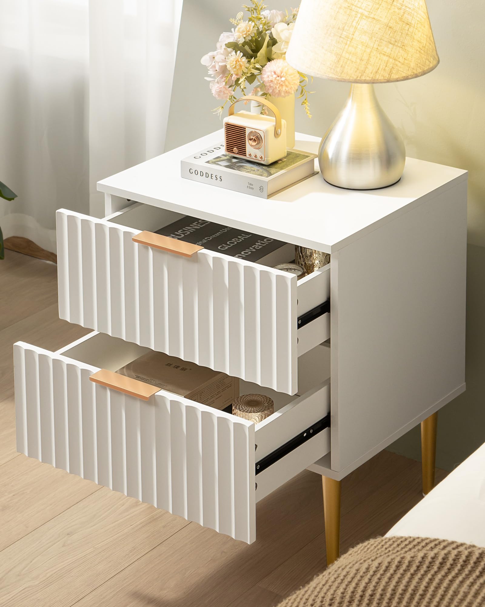 White Night Stand Set 2, Wide Fluted Nightstand with 2 Drawers