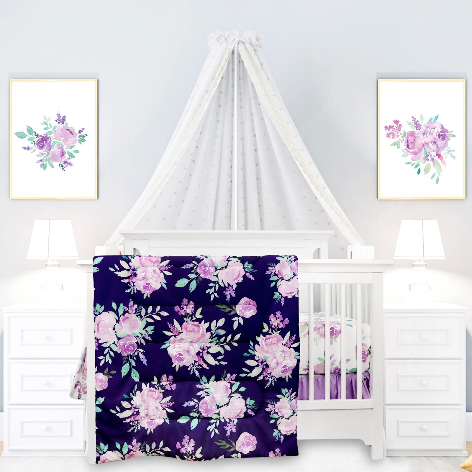 4 Piece Crib Bedding Set for Girls, Purple Flower Quilt, Crib Skirt, Diaper Stacker