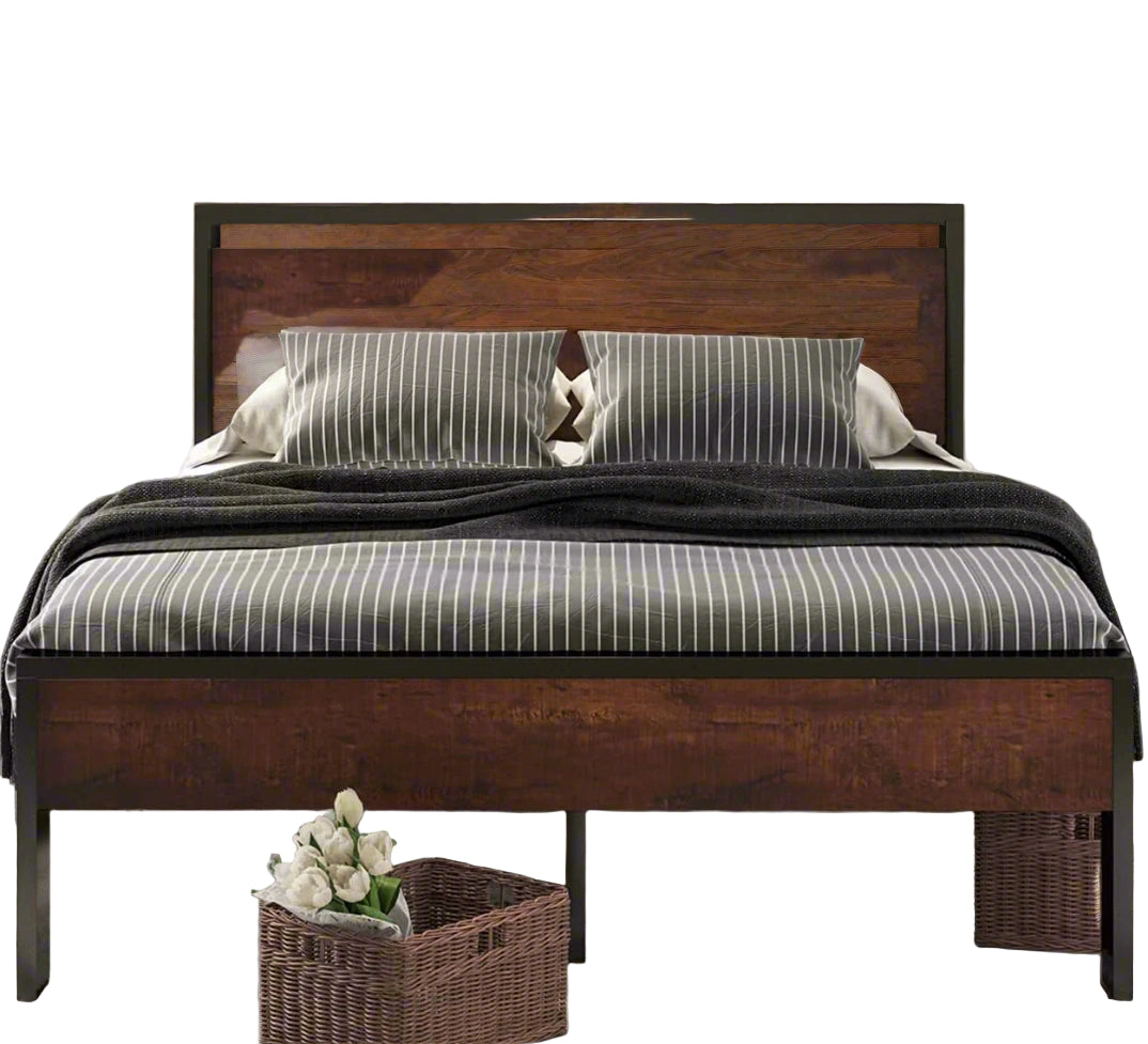 14 Inch Queen Size Metal Platform Bed Frame with Wooden Headboard