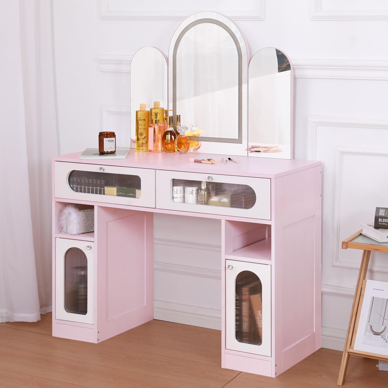 Vanity Desk with Arched Tri-Fold Mirror, Dimmable Vanity Table, LED RGB Makeup