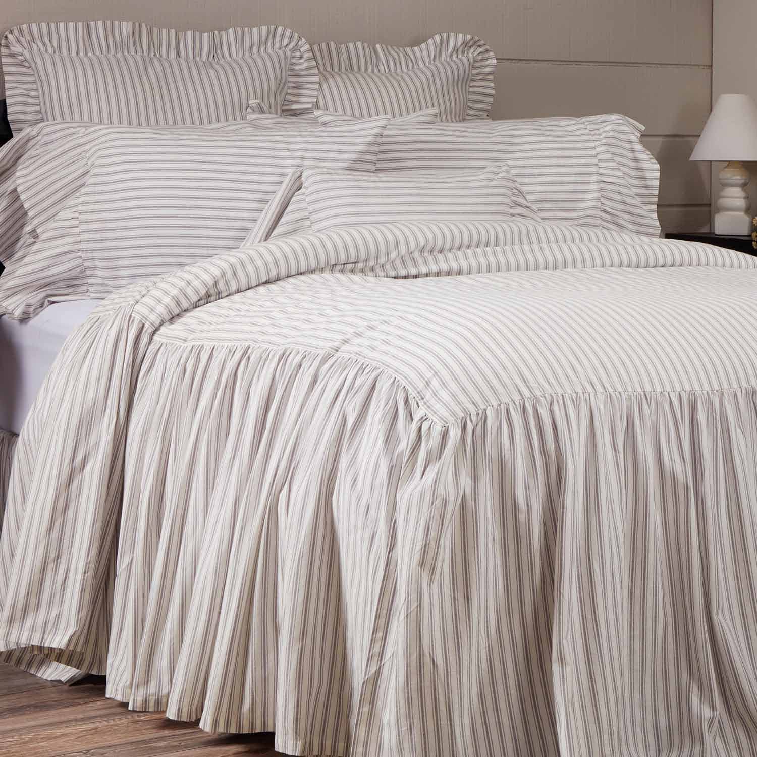 Timeless Ticking Ruffled King Size Bedspread, High Skirt on 3 Sides