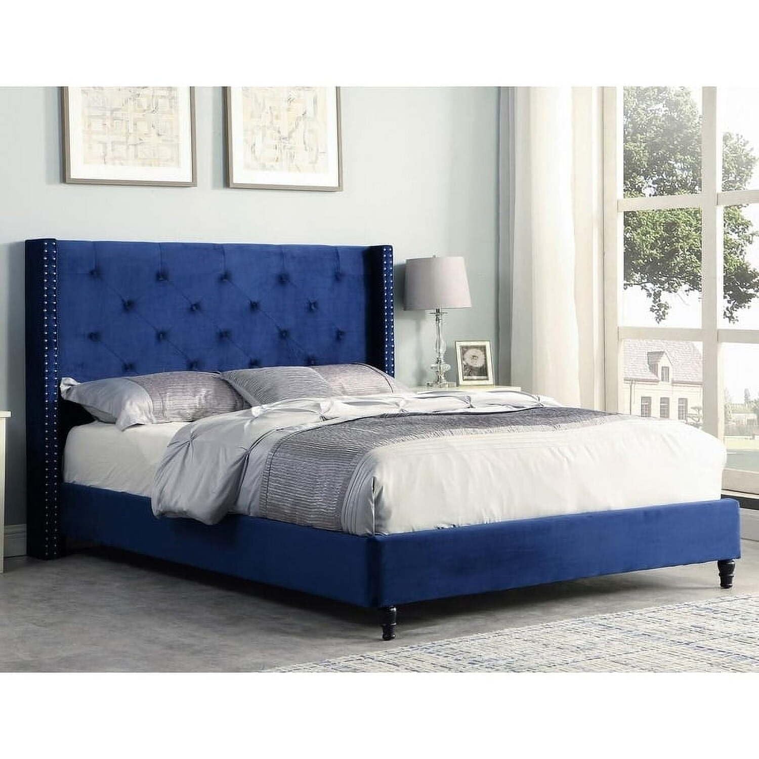 Vera Tufted Velour Platform Bed, Full, Navy Blue