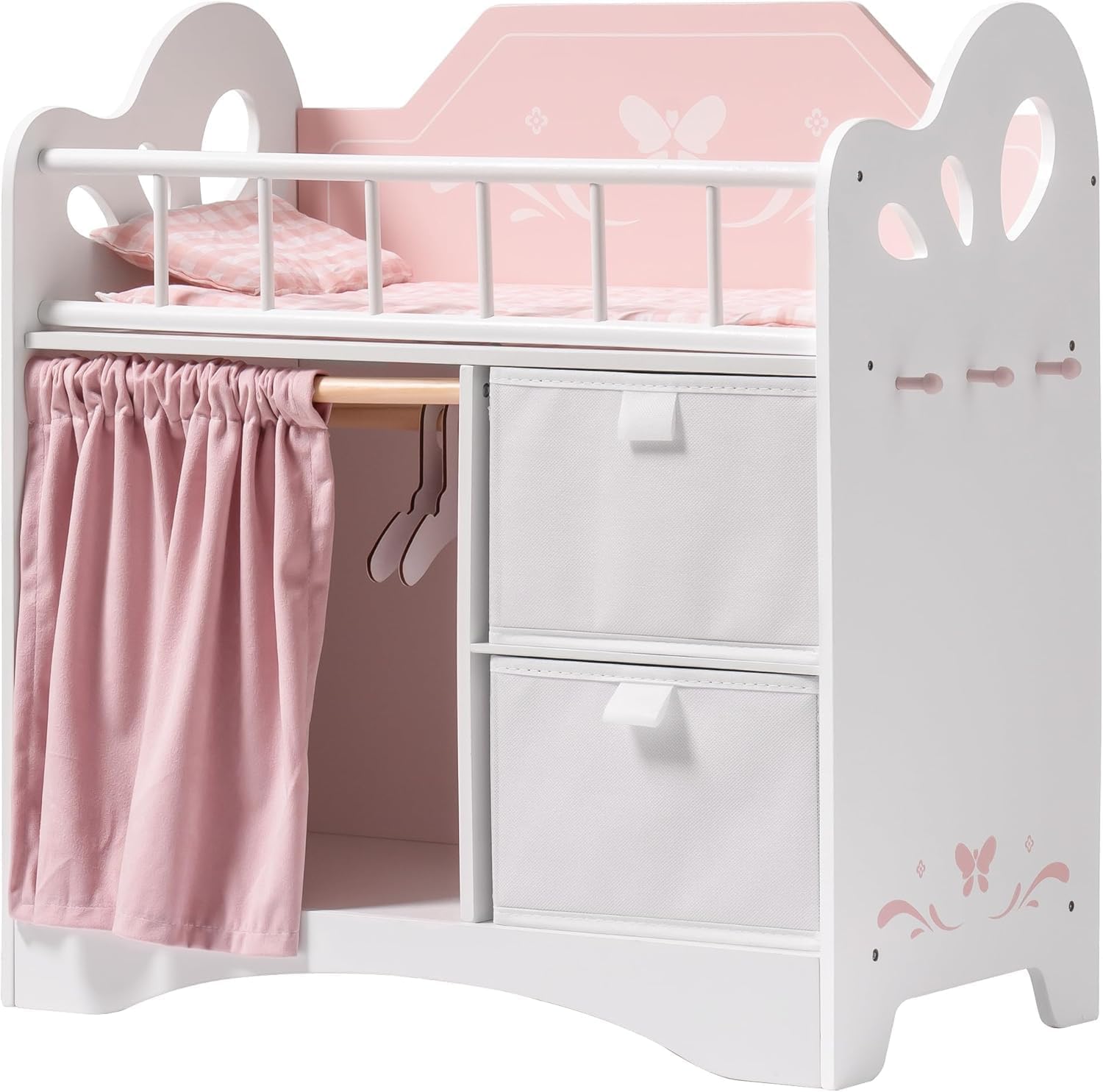 Baby Doll Crib, Wooden Doll Bed with Storage and Bedding