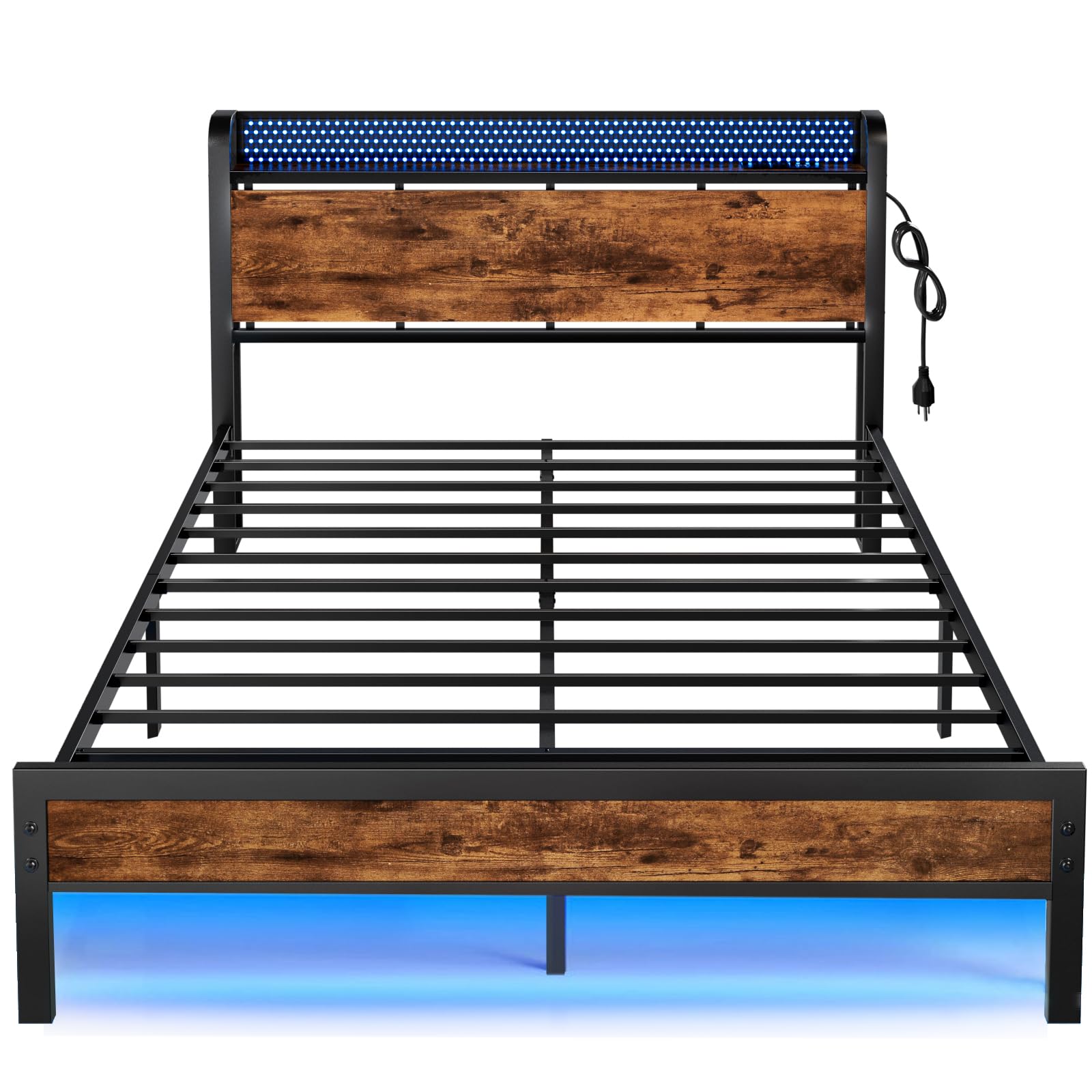 Full Bed Frame with LED Lights,Industrial Storage Headboard