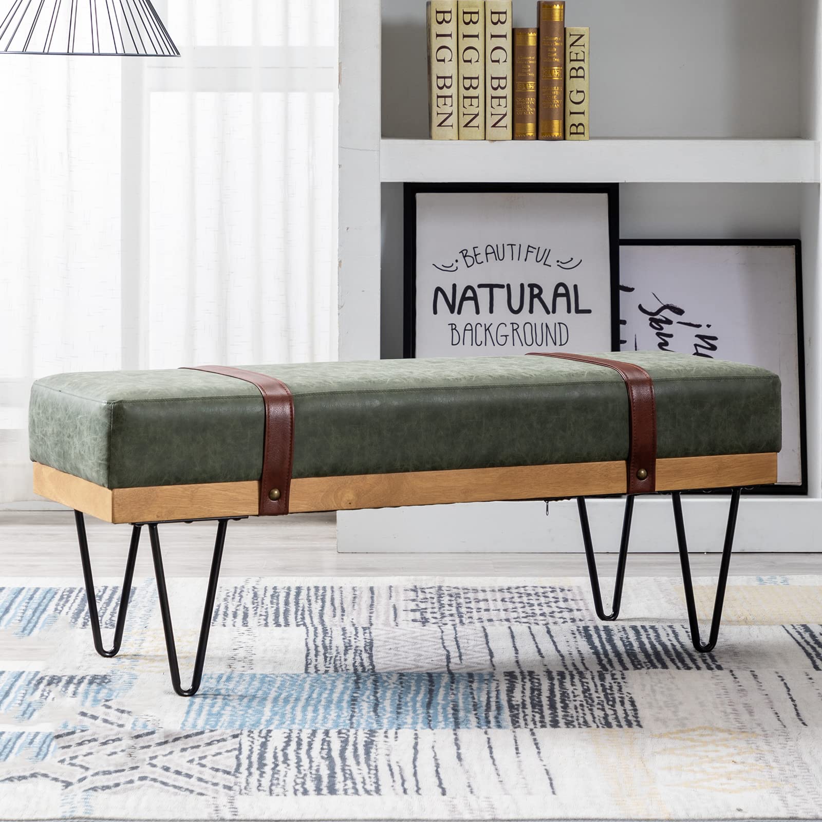 ndustrial Modern PU Rectangle Ottoman Bench with PU Strap and Metal Legs