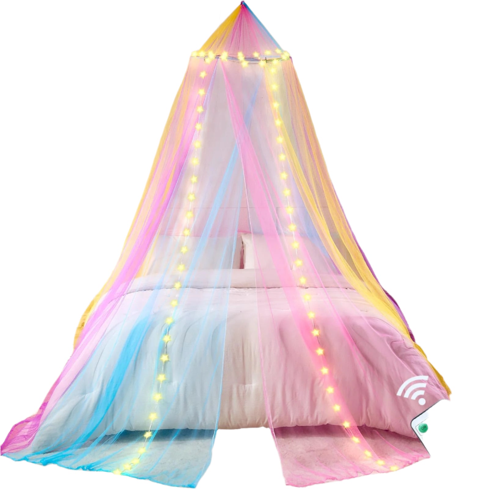 Lovelite Rainbow Bed Canopy for Girls, Canopy Bed Curtain with Warm White Star String Lights for Girls Bedroom, Dome Princess Canopy for Twin to King Size Kids Bed Decor