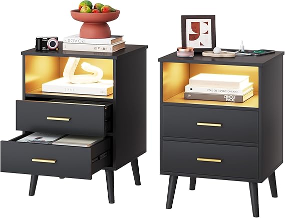 Nights Stand with Gun Drawer, Bedroom LED Nightstand with Charging Station