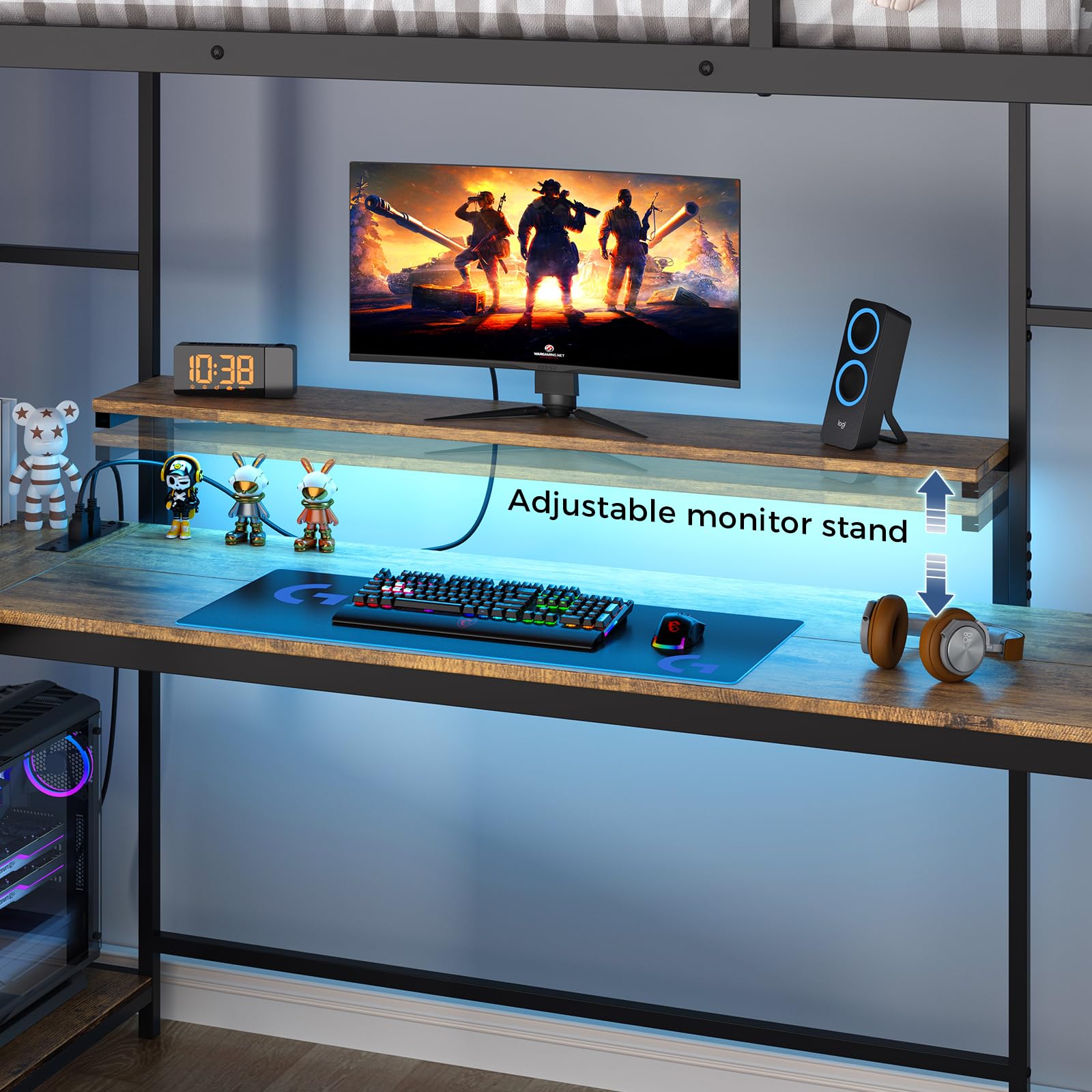 Twin Loft Bed with Large Desk and LED Lights, Space-Saving Bed