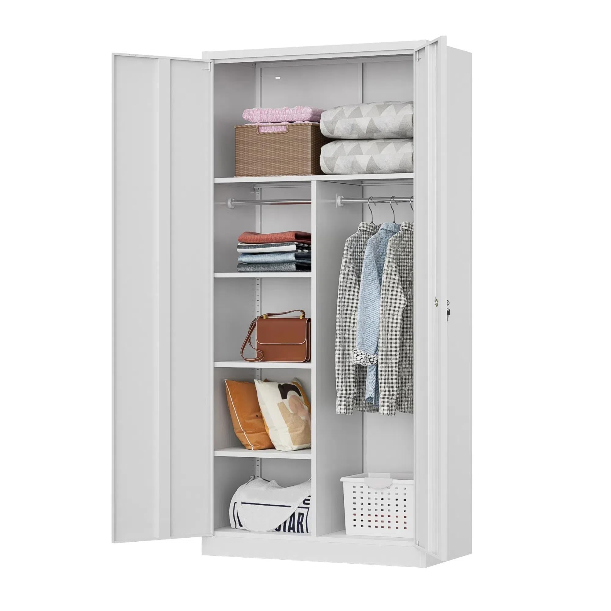 71" H Metal Armoire Wardrobe Cabinet with Doors and Shelves,5-Tire