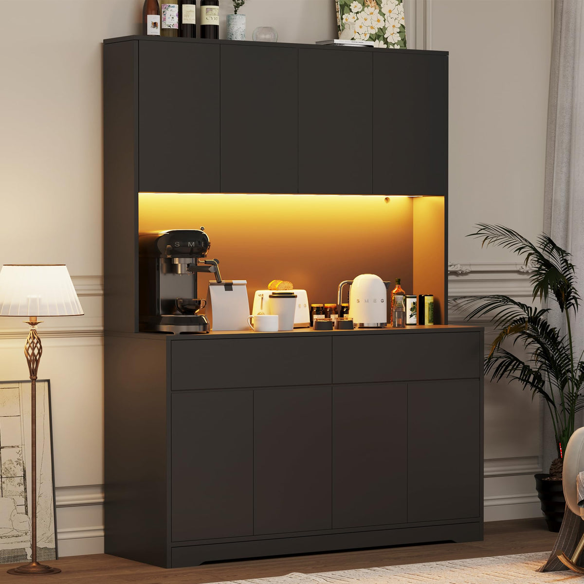 71" Tall Kitchen Pantry Cabinet with LED Lighting, Power Outlet & Charging Station