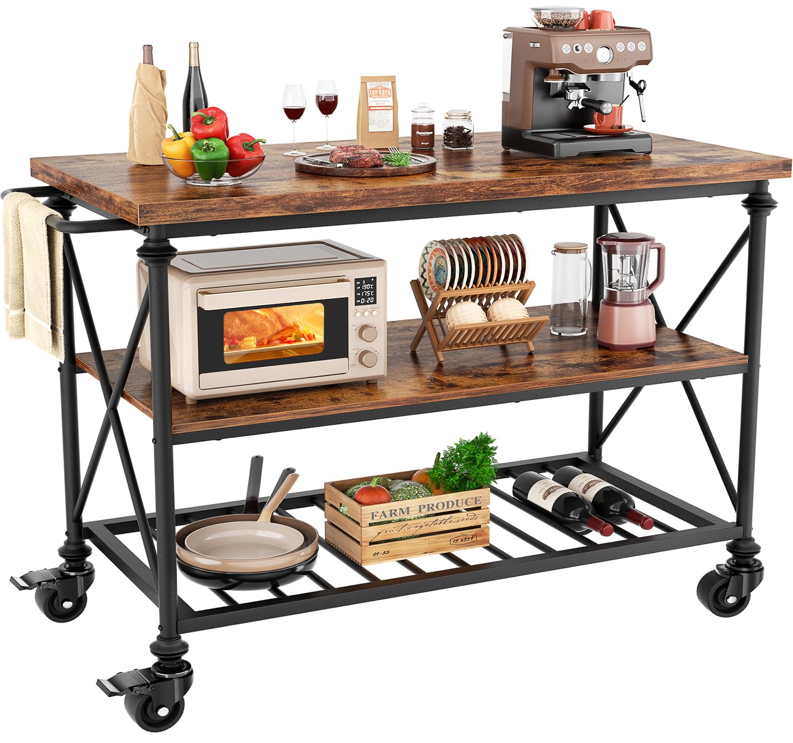 3-Tier Rolling Kitchen Island Cart with Pipe Legs