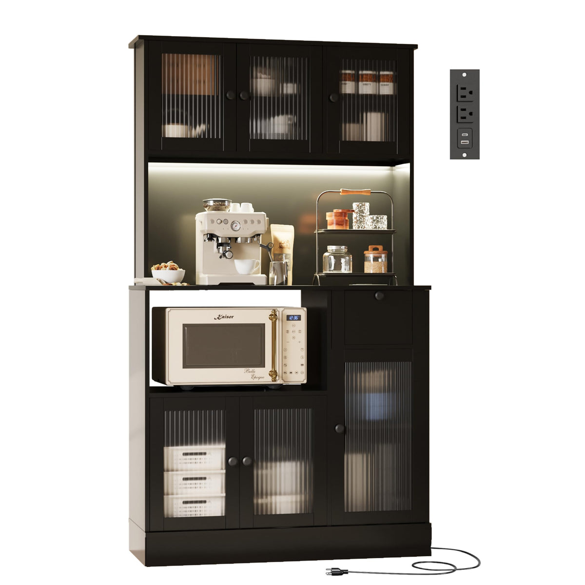 Kitchen Hutch Cabinet with LED Lighting & Microwave Shelf