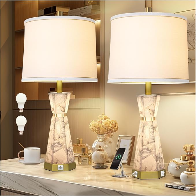 Alabaster Table Lamps Set of 2 - Table Lamp with Night Light for Bedroom,Nightstand