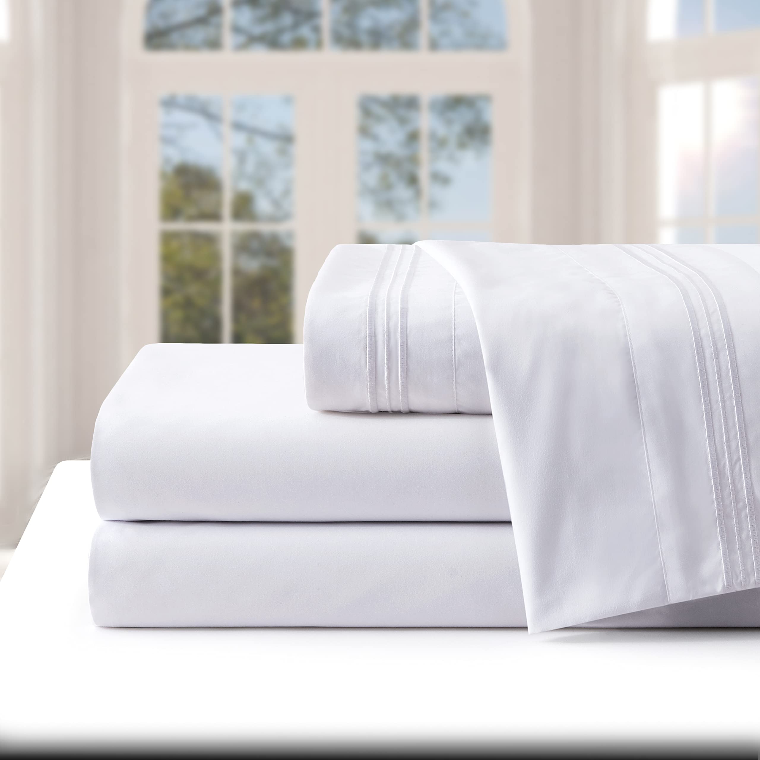 5 Pcs Sheet Set with Pleated Bed Skirt Vertical 3 Line Embroidered Matching Thread Extra