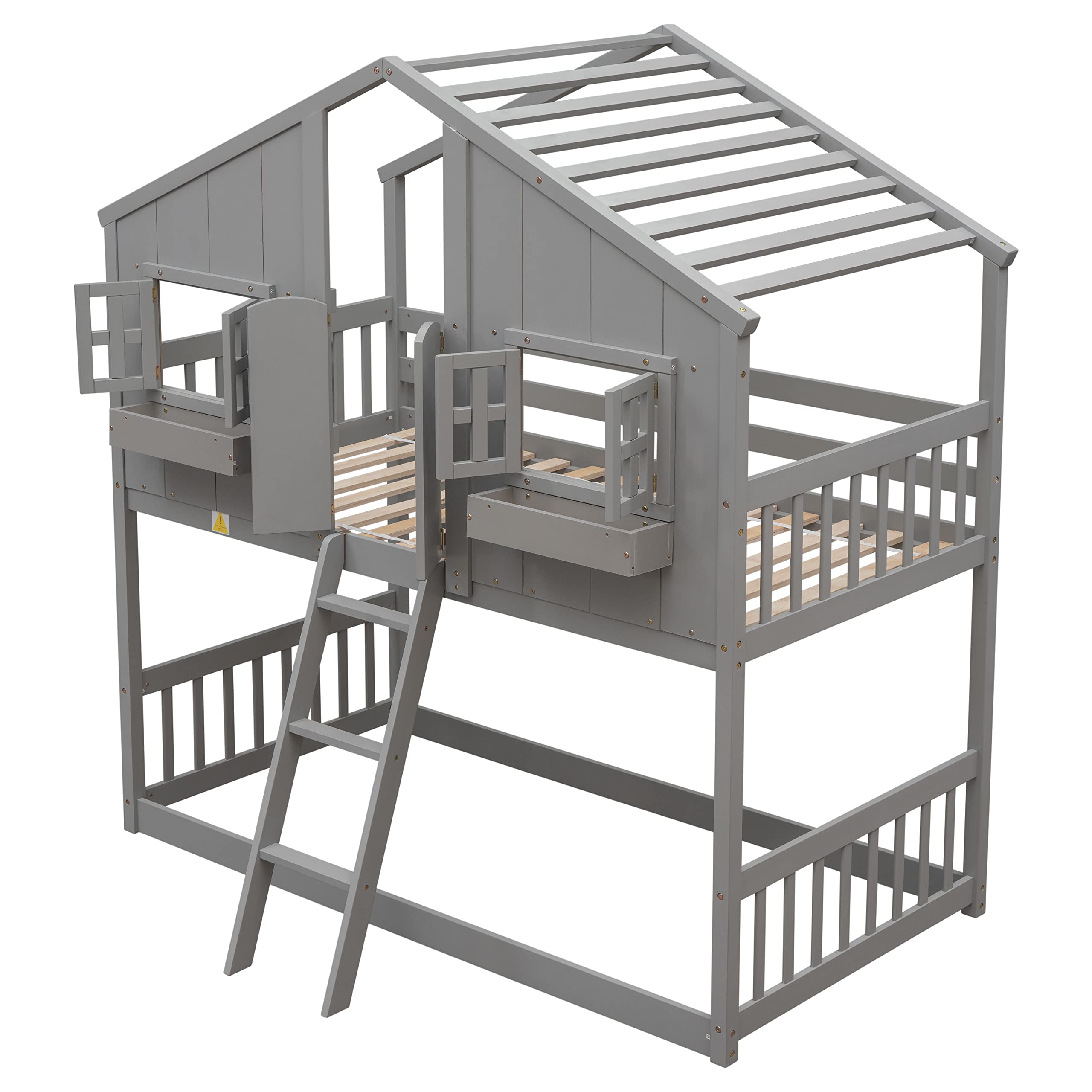 Twin Over Twin House Bunk Bed with Roof for Kids, Pine Wood Floor