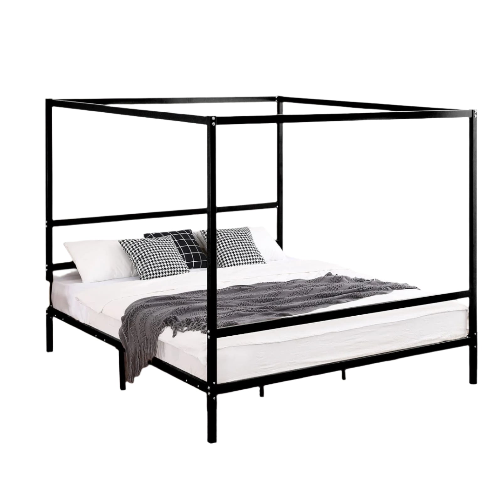 King Metal Bed Frame, Canopy Bed King Size with Headboard, 4 Poster Black Mattress