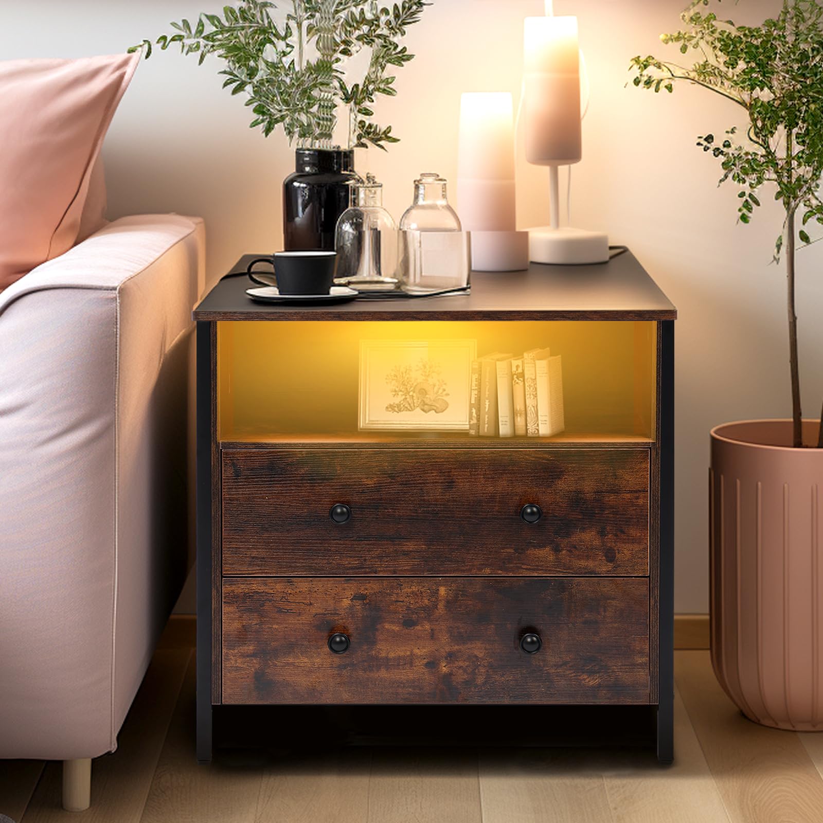 27 Inch Wide Night Stand, Large Wood Night Stand with 2 Drawers, LED Nightstand
