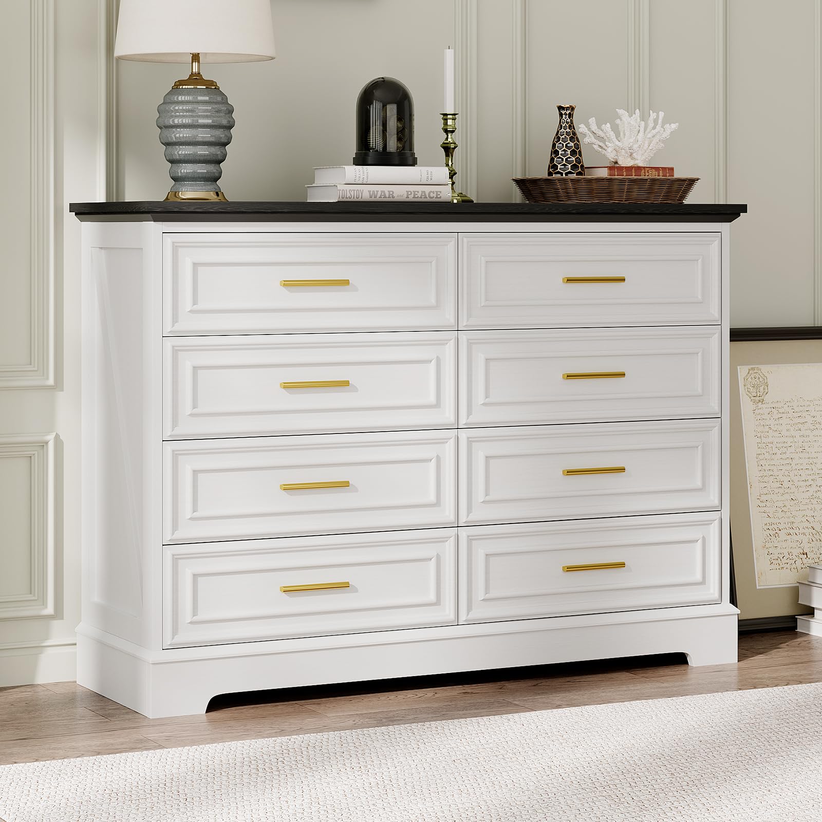 White Chest of Drawers for Bedroom, Farmhouse 8 Drawer Dresser with Gold Metal Handle