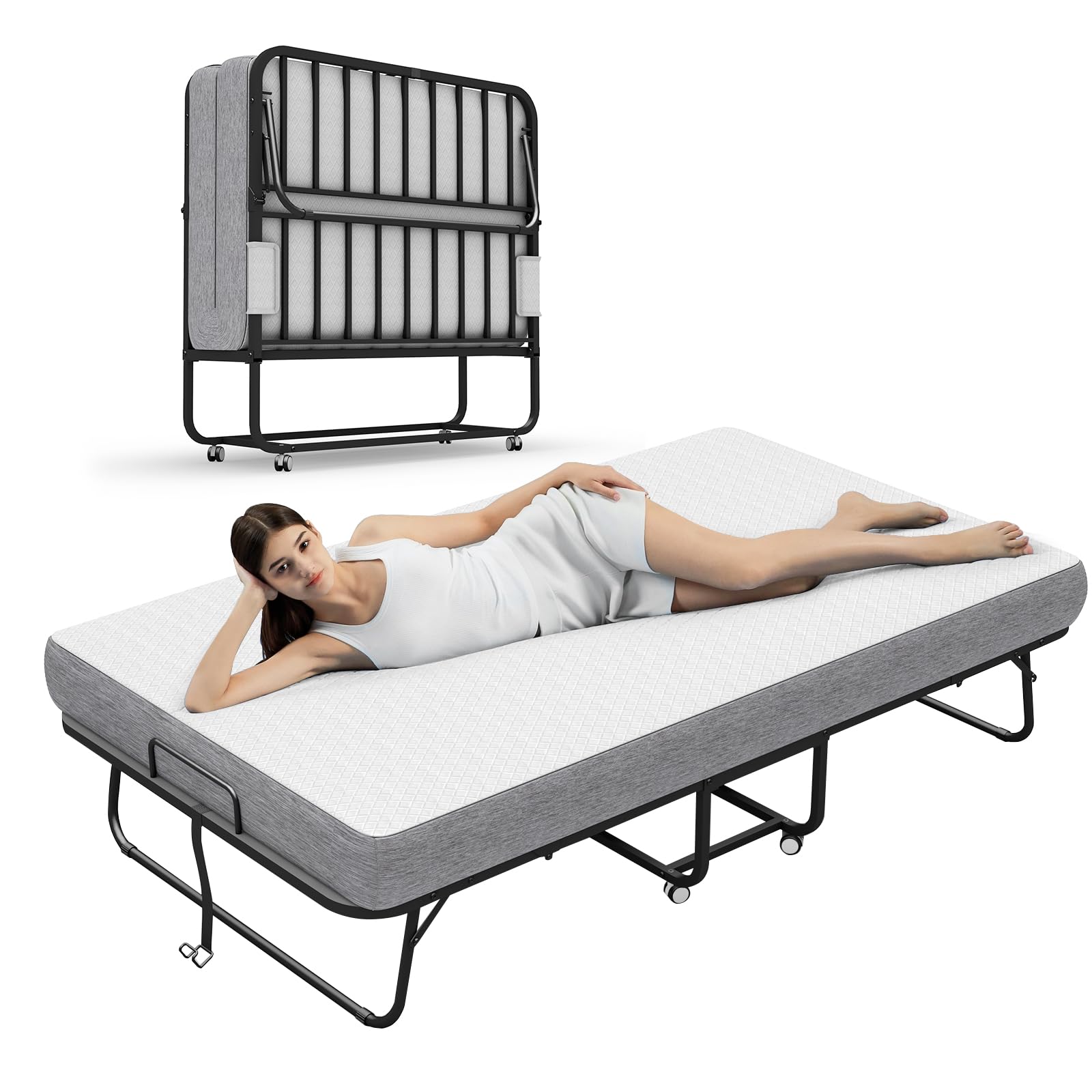 Twin Folding Bed with Mattress, 75''x38'' Portable Foldable Fold Up Bed