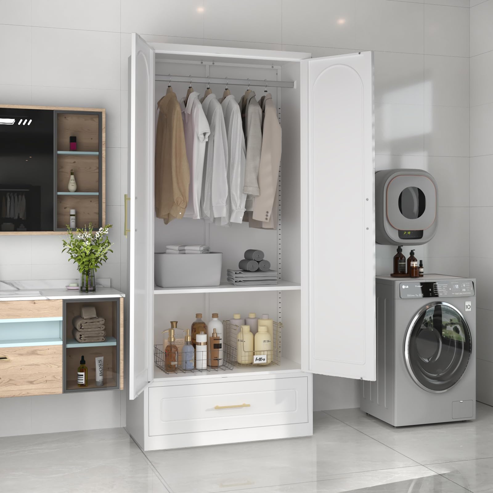 Metal Armoire Wardrobe Closet with Drawer,71Inch White Clothing Storage Cabinets