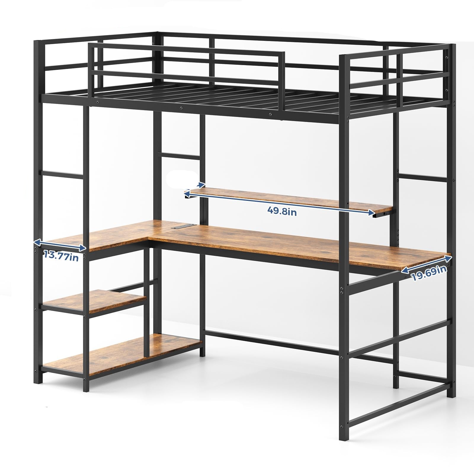 Twin Loft Bed with Large Desk and LED Lights, Space-Saving Bed