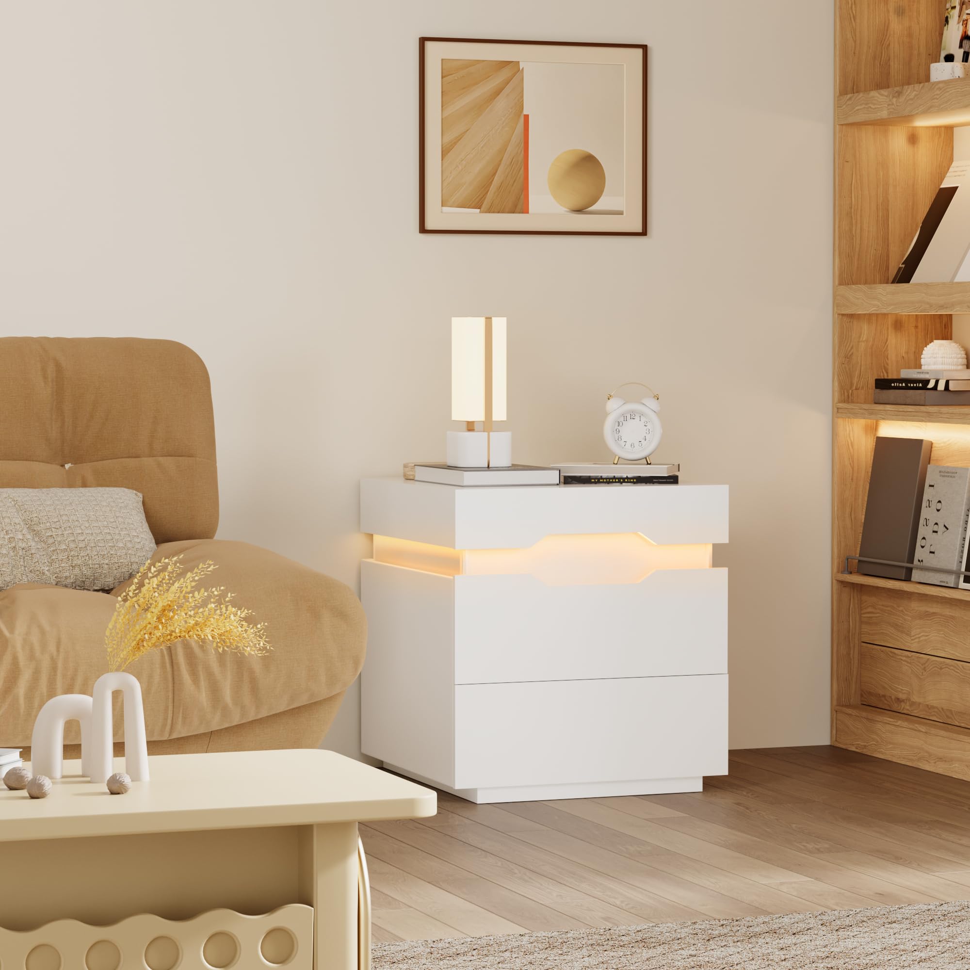 LED Nightstands Set of 2 with Charging Station and Sliding Top, Side Table