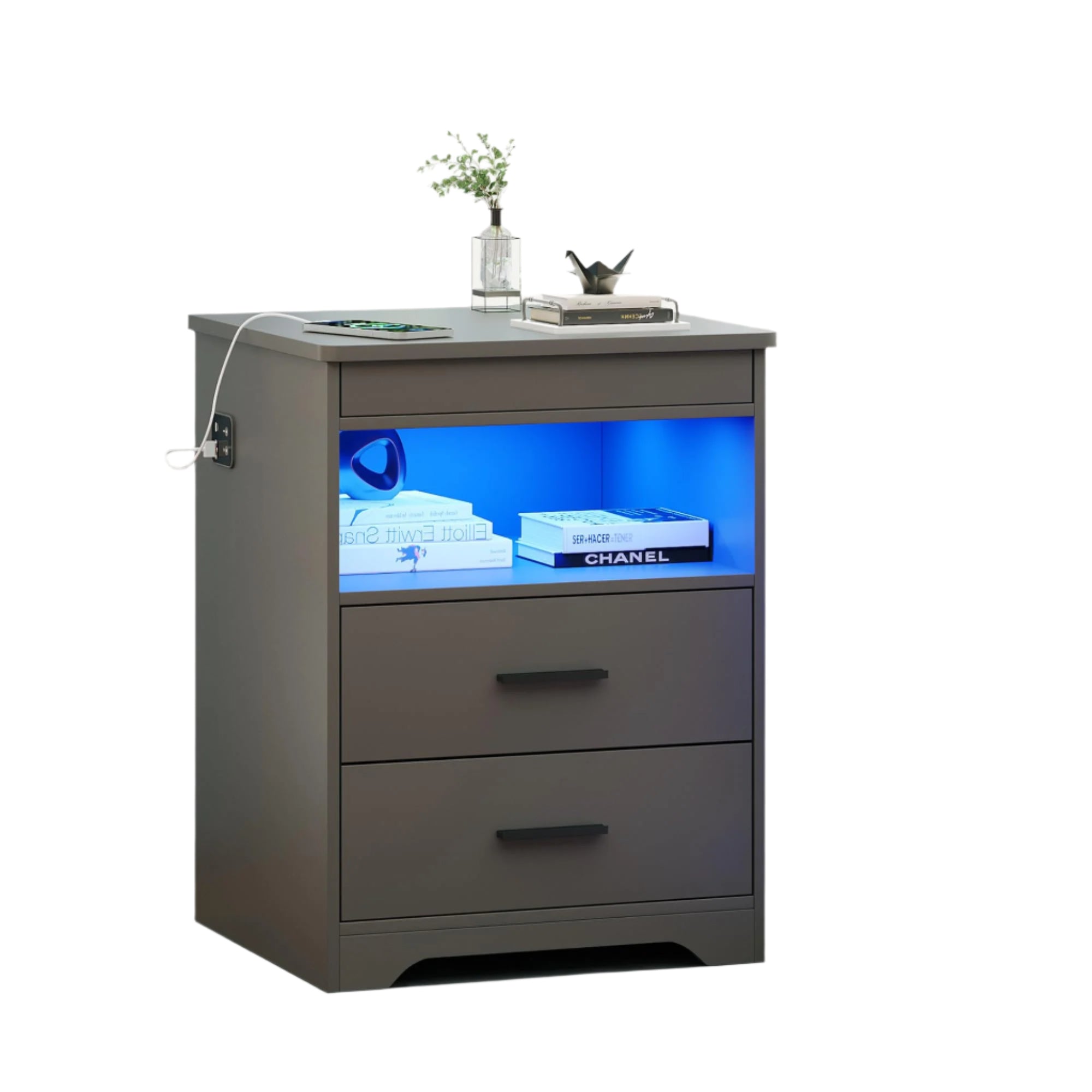 Nightstand with Gun Drawer, Charging Bedside Table with USB & Type-C Port