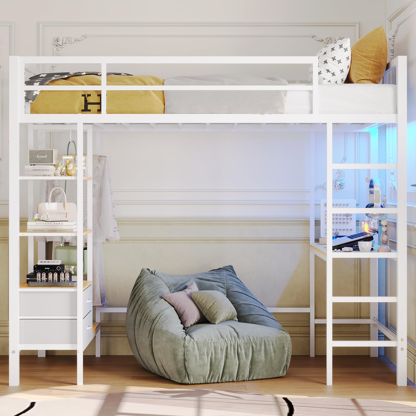 Loft Bed Twin Size with Desk and Charging Station Metal Loft Bed with Led