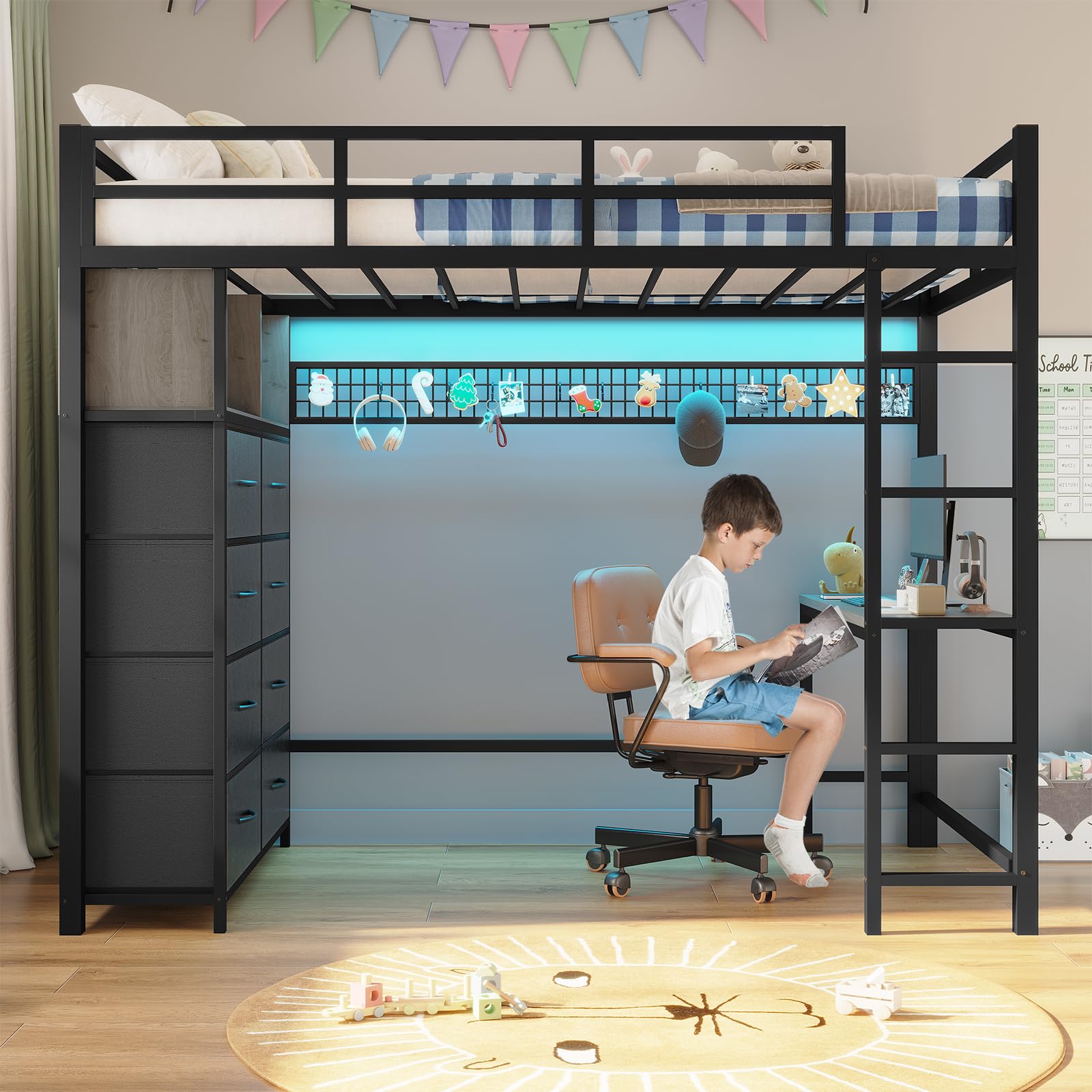 Twin Size Loft Bed with Desk and 8 Storage Drawers, Metal Loft Bed