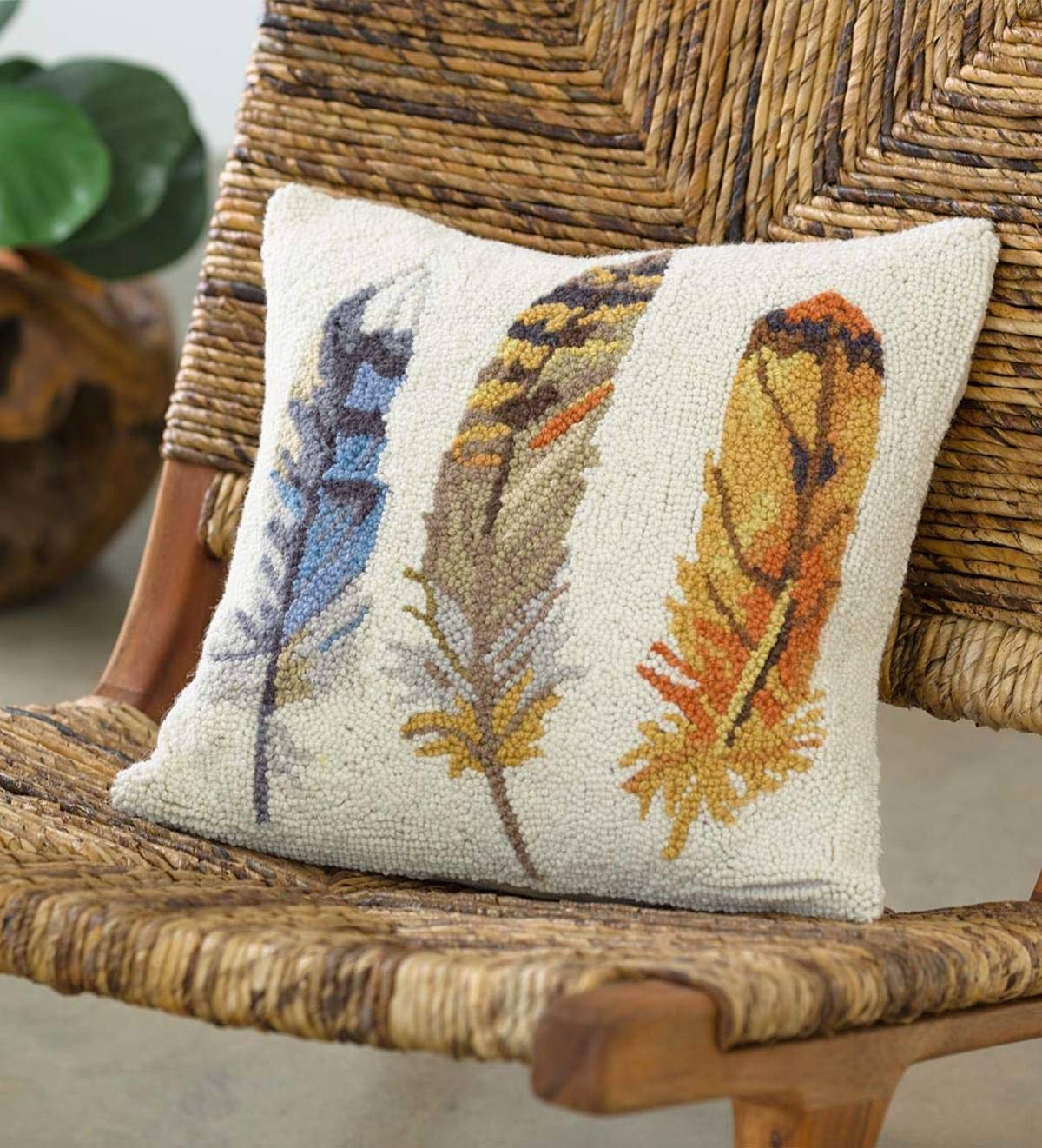 16"x16" Hand-Hooked Wool Throw Pillow with Feather Motif & Down Insert