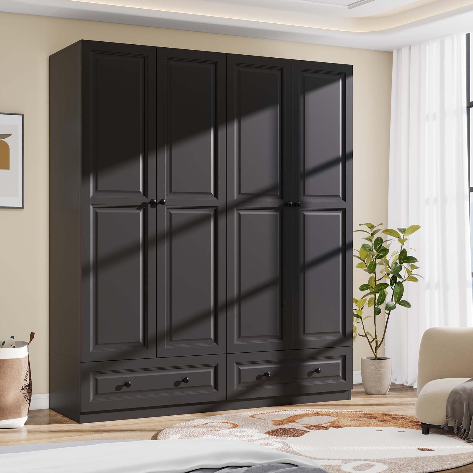 Black Armoire Wardrobe Closet with 2 Drawers: 74" Modern Wood Wardrobe Closet