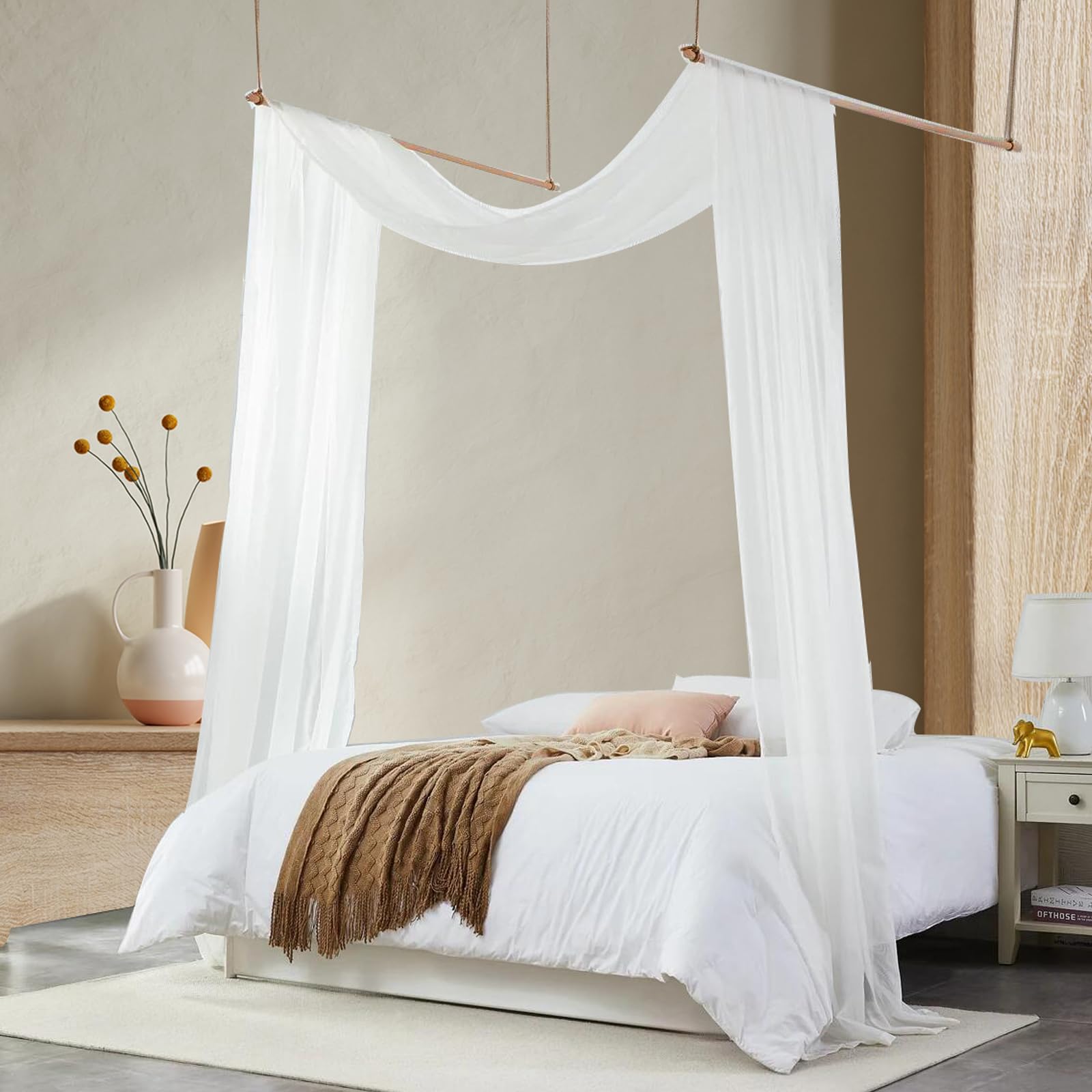 Bed Canopy for Girls & Adults, King to Twin Sizes - White Tulle Canopy Bed Curtains