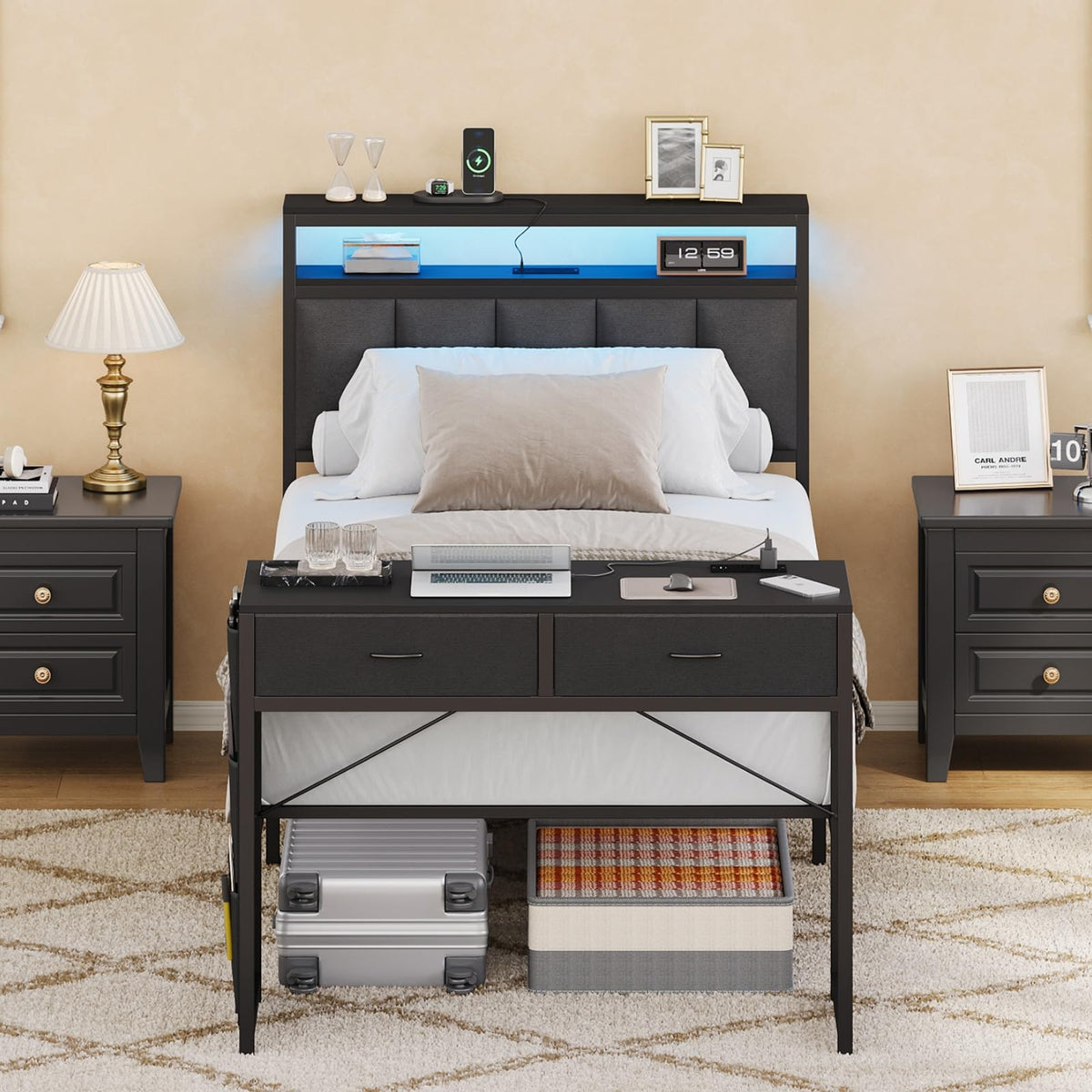 Bed Frame with Storage Headboard, LED Lights & Charging Station