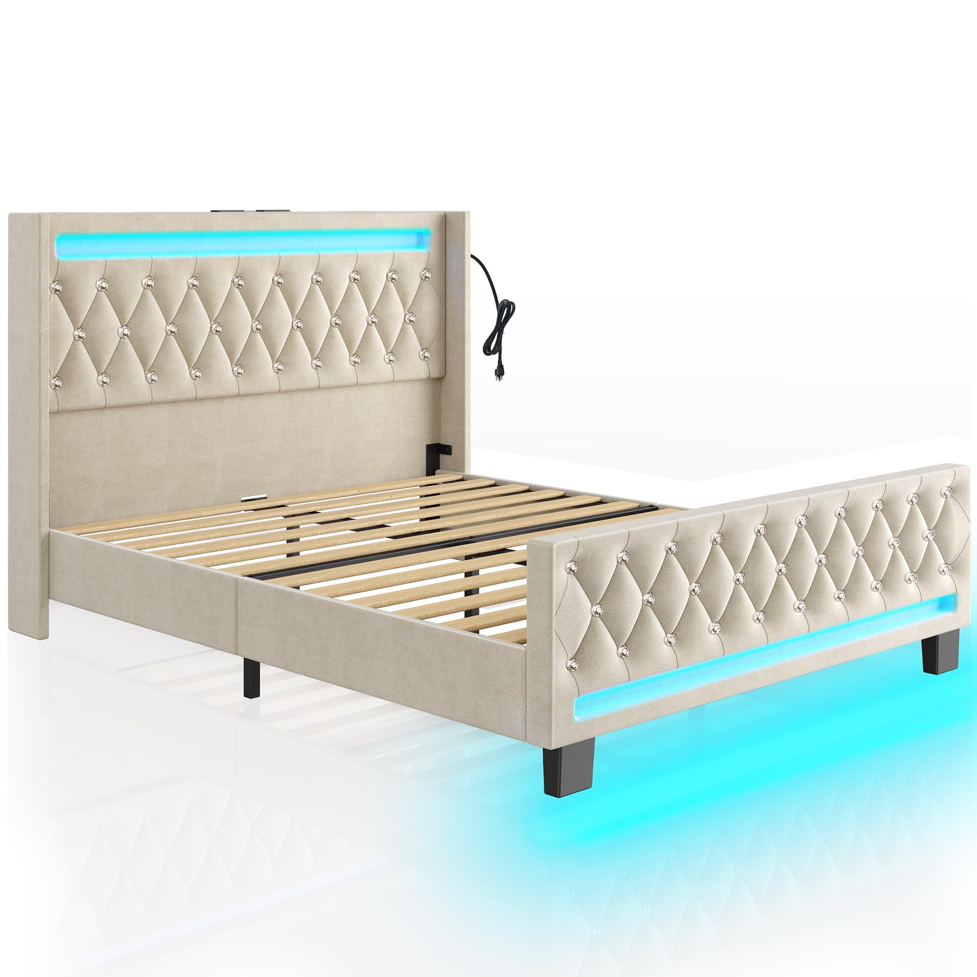 Queen Bed Frame with LED Light and Charging Station, Upholstered High Headboard