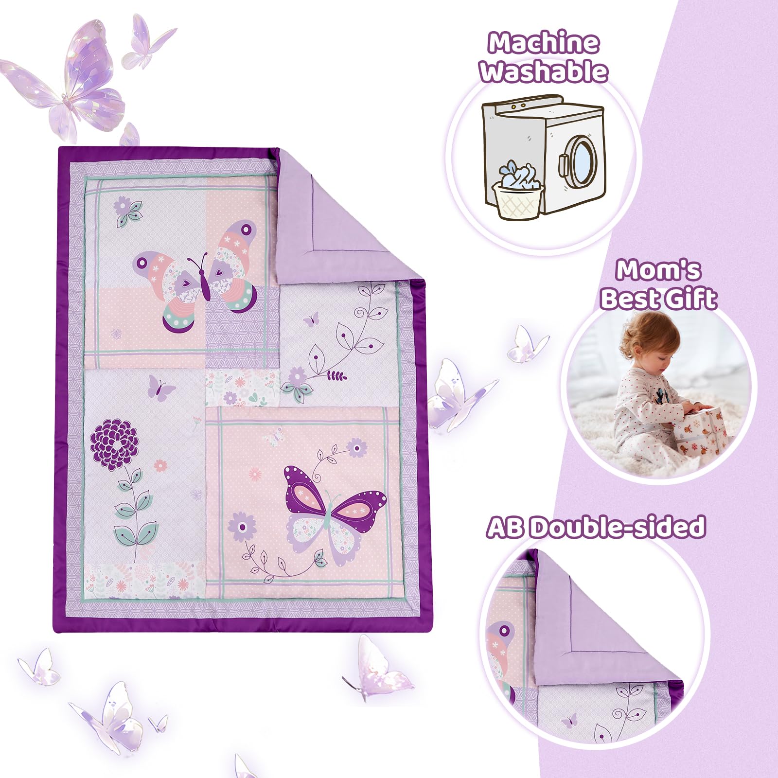 Wowelife Girl Crib Bedding Set, Butterfly Baby Girl Nursery Bedding Set, Premium Purple Baby Bedding Set, Baby Girl Cot Bed Set Include Quilted Comforter, Crib Skirt and Crib Sheet, Purple