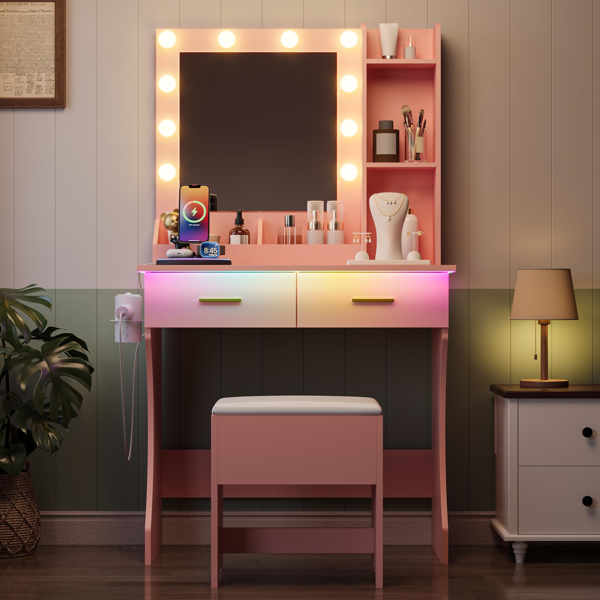 Desk with Mirror and Lights,Makeup Table with Charging Station