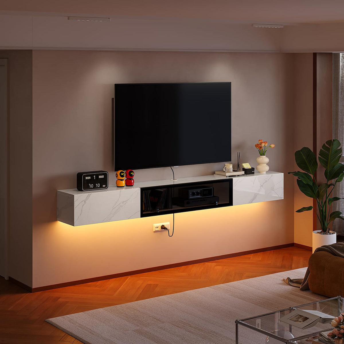 Floating TV Stand with Glass Door | High Gloss Plywood