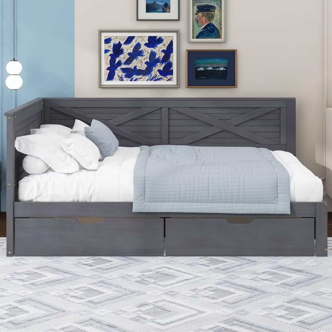 Twin Size Daybed with 2 Drawers and Rustic Guardrail, Wood Captain Platform Bed