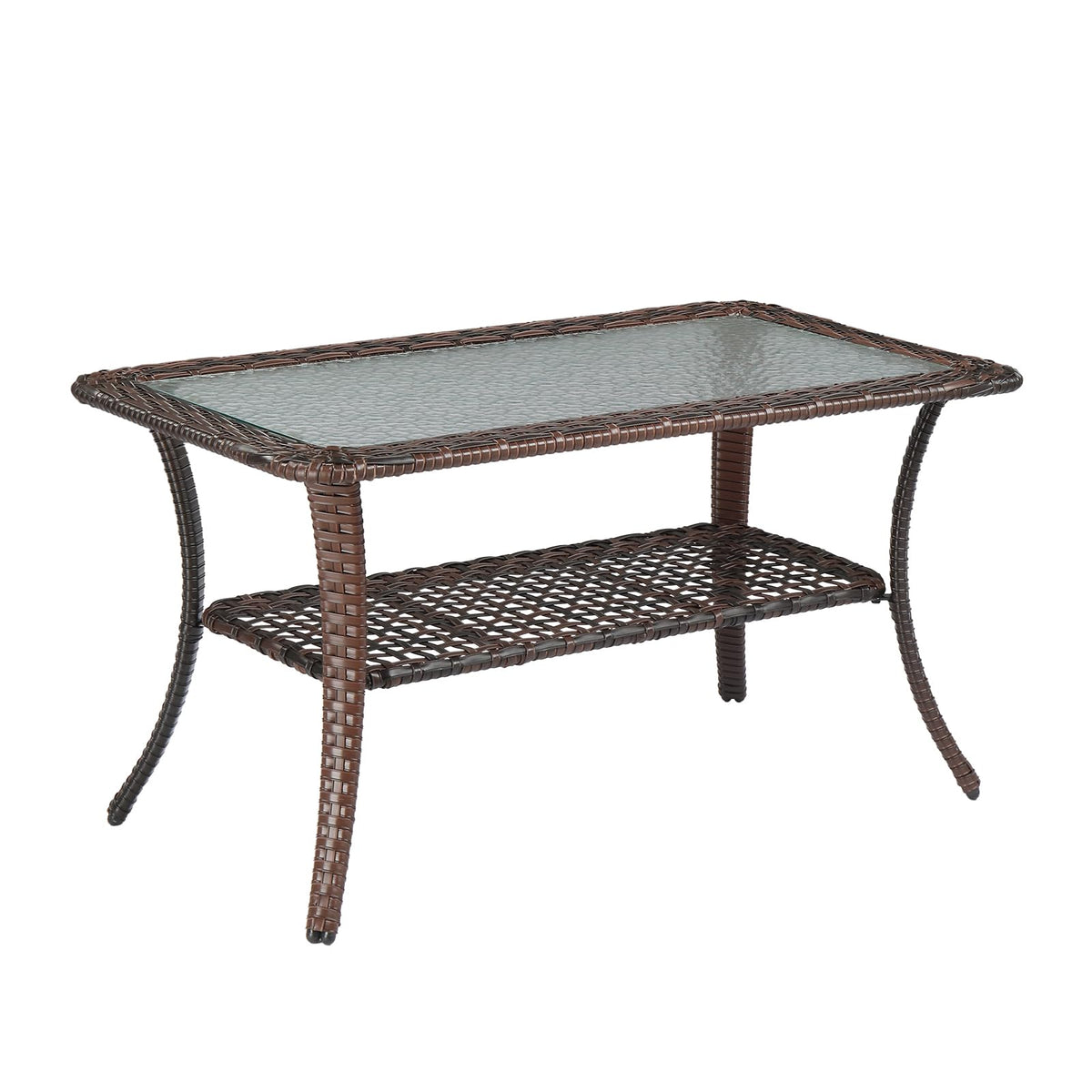 Outdoor Wicker Coffee Table with Tempered Glass Top & Lower Storage Shelf