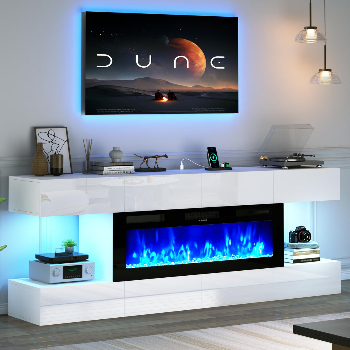 81" Fireplace TV Stand with Electric Fireplace & LED Lights