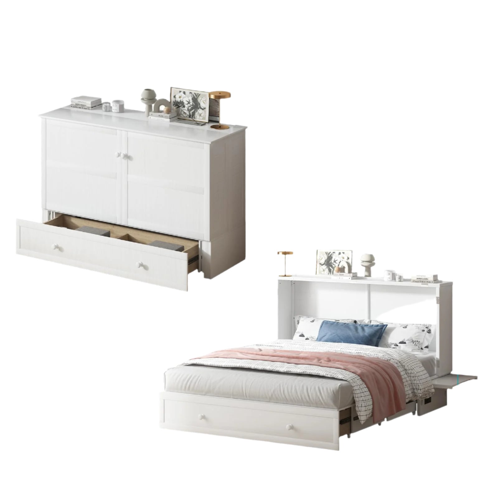 Murphy Bed, Queen Cabinet Bed with Tri-fold Mattress, USB Charging Station