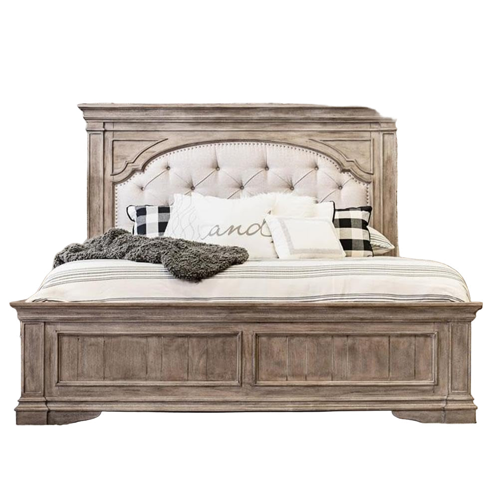 Solid Wood Driftwood Gray Upholstered Panel Queen Bed