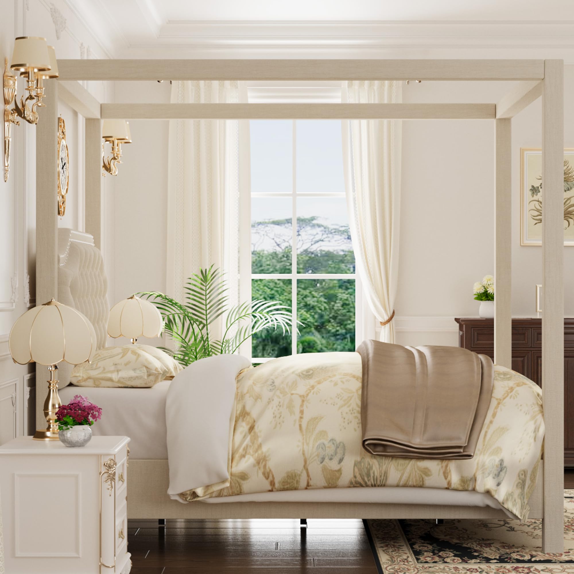 Upholstered Canopy Bed Frame Full Size with headboard, Button Tufted