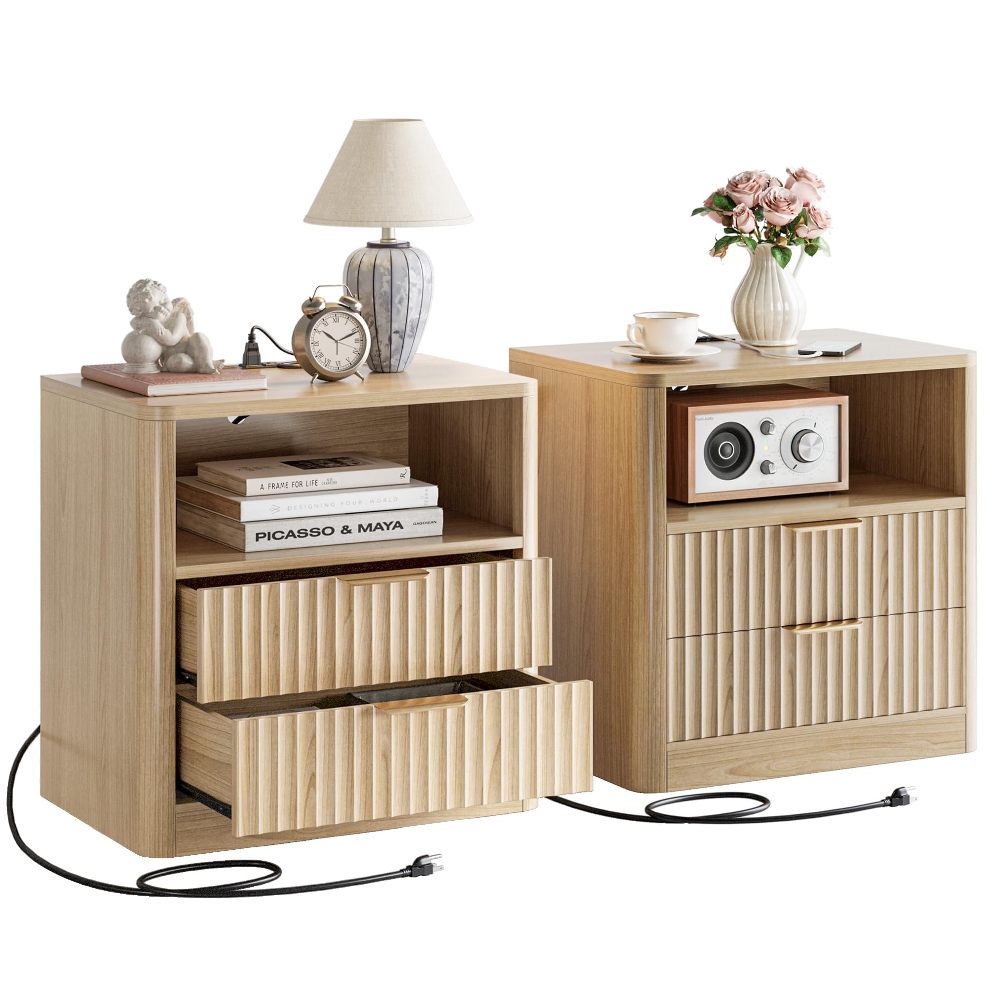 Fluted Night Stand Set of 2, Modern Nightstand with Charging Station